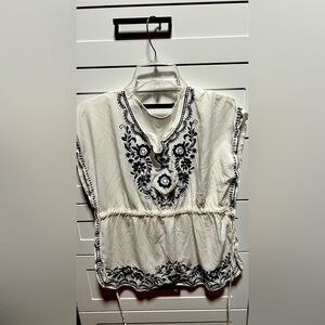 White with blue embroidery flowy blouse